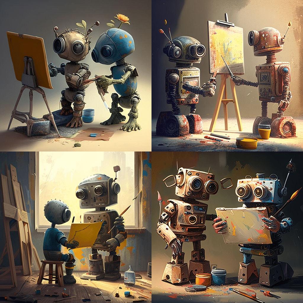 Robots painting a picture by Midjourney